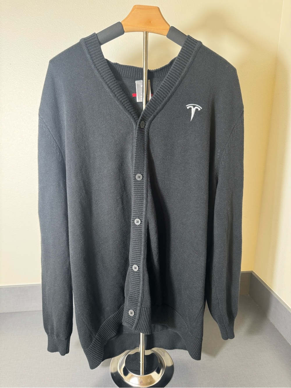 Tesla Black Men's V-Neck Button Cardigan with White Logo